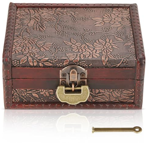 Caja de madera decorativa vintage, caja de madera para joyería Caja de almacenamiento de recuerdos Caja de pecho con cerradura y llave para pendientes de collar de joyería, 5.7x4.3x2.3 pulgadas