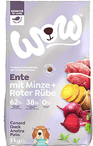 WOW Trockenfutter Senior mit Ente, 6X 1kg mit Mini Kroketten I Hundetrockenfutter für ältere Hunde Aller Rassen I Beste Qualität mit viel Fleisch, Minze & Rübe I hohe Akzeptanz & Verträglichkeit
