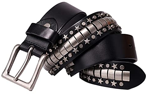 Gürtel Nieten Echtes Ledergürtel mit coolen Stern Nieten und Legierung Dornschließe für Damen und Herren, Punk Rock Style Nietengürtel Versch Farben Und Größen,Schwarz,110cm/waist:36~38