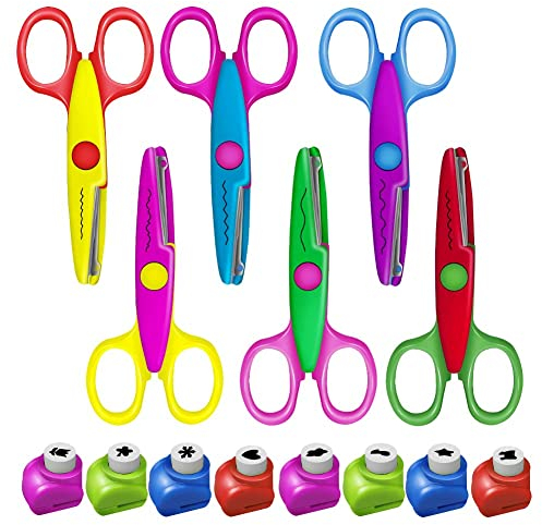 Ciseaux Enfant 6pcs - Ciseaux Cranteurs et de Bordure de Sécurité en Zigzag à Motif de Vague Créative Coloré - Avec 8pcs Poinçon et Perforatrices à Motif