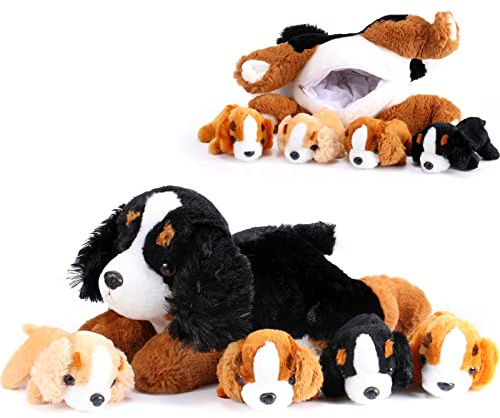 Skylety 5 Stück Welpen Kuscheltiere Mama Hundebauch mit 4 Niedlichen Plüschtier Hunde Spielzeug Kissen Weich und Kuschelig Stofftiere Welpen Sortiment für Geburtstag Weihnachten(Sennenhund) | Bergwelpe Stofftier Spielzeug Welpe mit Hund Babys Stofftier Mama mit Babys