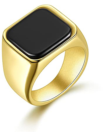 Joliernelle Black Onyx Signet Ring for Men Solid Stainless Steel Classic Band Ring Gold Size S