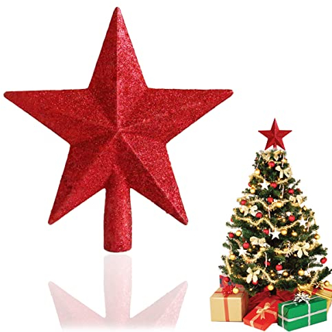 Tannenbaumspitze Stern Rot – 20cm Weihnachtsbaum Stern Spitze Rot, 3D-Glitzer-Design, Leicht & Stabiler Halt | Perfekte Christbaumspitze für Baumspitze, Perfekte Krönung Ihrer Festtagsdeko
