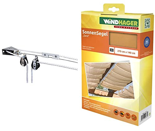 Windhager Montageset Seilzugsystem,10884 weiß & Sonnensegel für Seilspanntechnik, Wintergarten und Terrassen Beschattung, Seilspannmarkise, 270 x 140 cm, 10876