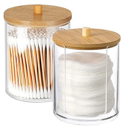 Hwtcjx 2 Stück Wattestäbchen Halter, Wattepad-Halter, Wattepads Aufbewahrung, Wattestäbchen Behälter mit Holzbezug, Wattepadspender, für Wohnzimmer, Schlafzimmer, Badezimmer (B)