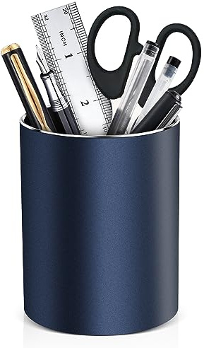 RQB Metal Pen Holder for Desk Round Aluminum Desktop Organizer and Makeup Brush Holder Storage Box for Office, School, Home, and Kids, Non-slip silicone bottom3.9×3.14inch (Blue)