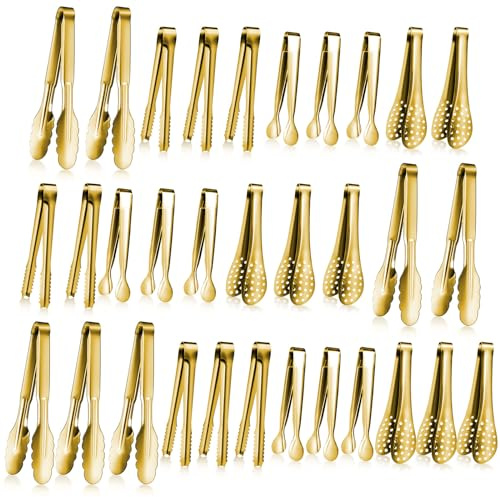 Mumufy 32 Pcs Mini Serving Tongs Buffet Serving Utensils Stainless Steel Small Tongs Catering Kitchen for Appetizer Tea Party Coffee Bar Food Ice Salad Barbecue Cookies Sugar, 4 Styles(Gold)