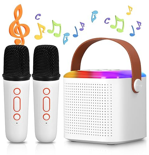 Karaoke Machine for Kids, Mini Bluetooth Karaoke Machine 2 Wireless Microphones, Portable Rechargeable Microphone with Speaker Voice Changing Effect and LED Light, Boys Girls Birthday Party Toy Gift