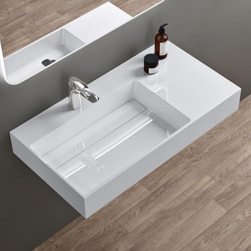 doporro Lavabo sobre Encimera o Suspendido 100x48x13 cm, Mármol Fundido Blanco, Desagüe Oculto, Lavabo Izquierdo, Colossum12