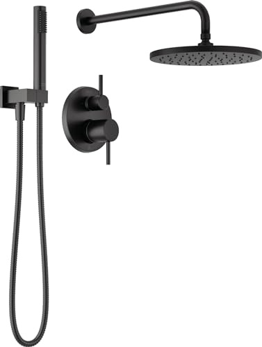 Delta Modern 14 Series Round Rain Shower System Faucet Set, Rainfall Matte Black Shower Head and Handle Set, Valve Trim Kit, 10 Inch, Matte Black 342702-BL