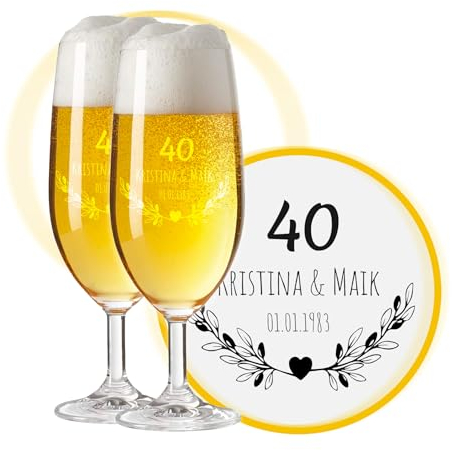 LALALO Biergläser mit Gravur zum 40. Hochzeitstag, Rubinhochzeit & Smaragdhochzeit Geschenk, Leonardo Pils Biertulpe personalisiert, Jahrestag Rubinhochzeit/Smaragdhochzeit (Herzfunken)