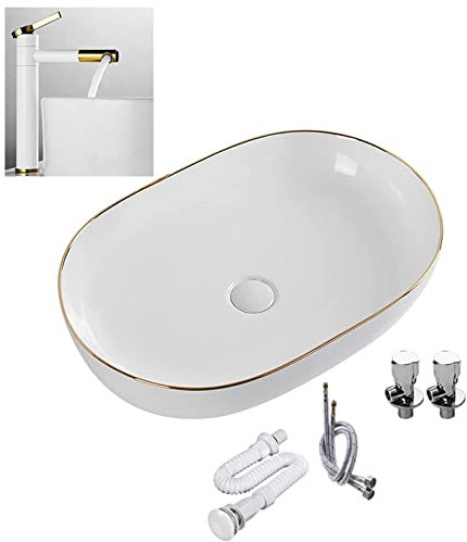 ROLTIN Bassins à Poser pour salles de Bains, Table Ovale, lavabo, évier en céramique Blanche, Anneau de Montage, L60 x l41 x H14cm, avec Drain