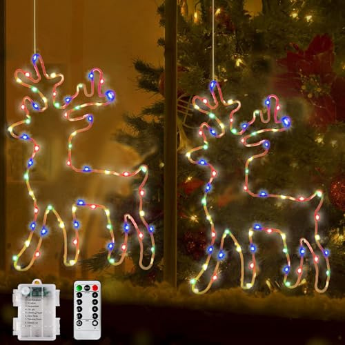 Beleuchtet Rentier Weihnachtsdeko Fenster, 100 LED Lichterkette mit Timer Fensterbeleuchtung Weihnachten, 8 Modi Weihnachtsbeleuchtung Hängen Lichterketten für Innen Außen Balkon Vorhang(2 Stück)