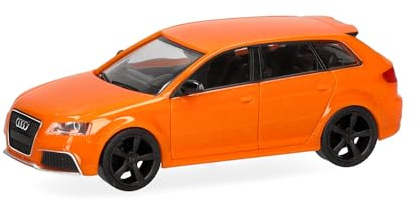 Herpa modellbil Audi RS3 Sportback, glödorange med svarta fälgar, miniatyr i skala 1:87, samlarobjekt, tillverkad i Tyskland, plastmodell