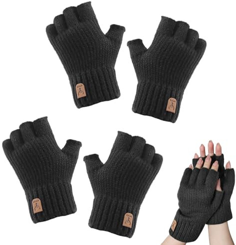 ZOCONE 2 Paar Strick Fingerlose Handschuhe Winter Warme Fingerlose Handschuhe Herren Flexible Touchscreen Halbfinger Ohne Fingerkuppen Damen Fingerless Gloves Unisex Erwachsene (Schwarz)