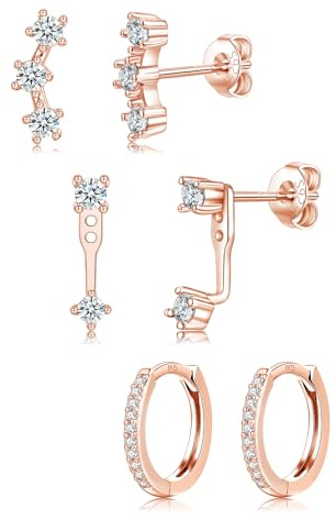 Sterling Silver Stud Hoop Earrings Set for Women Girls, 3 Pairs Hypoallergenic Small Silver Cubic Zirconia Stud Hoop Earrings Stacks Cartilage Earring Set for Multiple Piercing(Silver,Gold,Rose Gold)