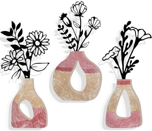 Luccyle 3 Pcs Metal Vase Flowers Wall Arts,Minimalist Wooden Vases and Black Metal Flower Wall Decor for Living Room,Bedroom,Bathroom(16x7.3 inches)
