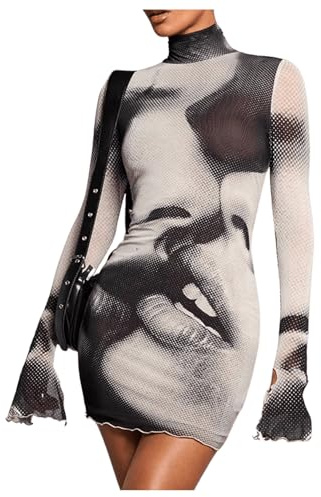 SOLY HUX Women's Graphic Print Bodycon Mini Dress Turtleneck Long Sleeve Pencil Dresses Brown Figure Small