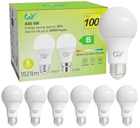 GY E27 Led Warmweiss Glühbirne, 8W 1521LM Energiesparlampe, Ersetzt 100W lampen, Energieeffizienzklasse B, A60 Led Warmweiß, Abstrahlwinkel 360°Leuchtmittel, Nicht Dimmbar, 6 Stück