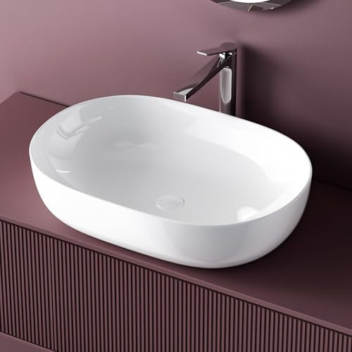 EMKE Lavabo à Poser,Lavabo Ovale, 600 x 415 x 135 mm,Blanc brillant
