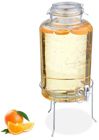 Relaxdays Dispenser in Vetro per Bevande, Erogatore 8 L Rubinetto, Coperchio e Rialzo, Distribuitore Acqua e Limonata
