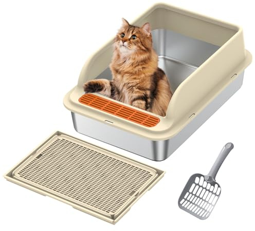 Katzentoilette aus Edelstahl mit Deckel, Katzentoilette aus Edelstahl, leicht zu reinigen und geruchsbeständig, mit Katzenstreumatte und Schaufel,XL (A)