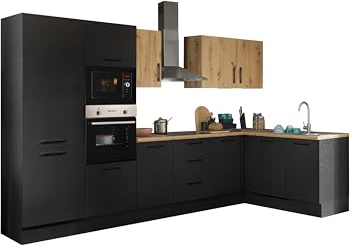 TURIN LBM Eckküche Winkelküche Artisan Eiche Optik Schwarz 340 x 211 x 60cm | Küche ohne Küchengeräte, L-Form, L-Küche, Einbauküche ohne Elektrogeräten, geräumig, mit viel Stauraum, modernes Design