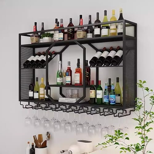 Weinregal Wand Eisen Mit Glashalter,Weinregal Palette Eisen,Wandmontierte Weinregal,Weinregal Für Die Bar,Wandbar,Wand Flaschenhalter,Küchenregal Hängend Weinregale,Flaschenregal,Weinglasregal(Black,1