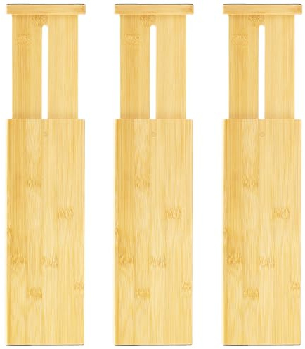 VaeFae Juego de 3 Separadores de Cajones Ajustables de Bambú, Extensibles de 30,2 a 43,5 cm, Organizadores para Cajones de Ropa, Cocina, Armario y Oficina