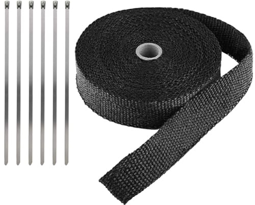 LKRXW Benda Termica Scarico Auto Isolante Collettori Moto Nastro Termico | Fibra Vetro Fascia Termico Collettore Nastro Termiche Protettivo Calore Resistente Nero 2,5CM X 5M Con 6 Fascette