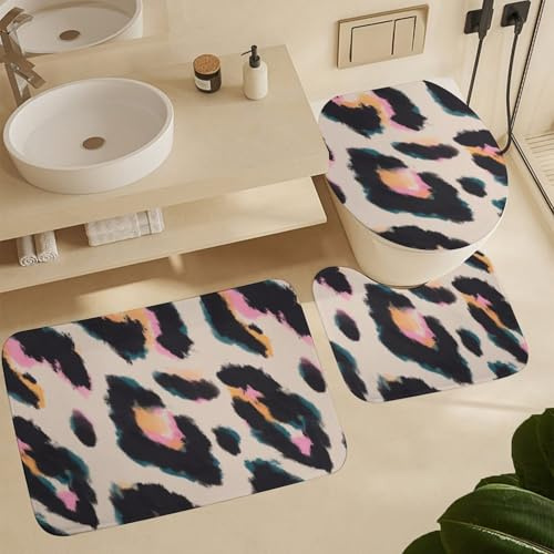 Badgarnitur 3 Teilig malistisches Leopardentier U-Form Badteppich Toilettensitzbezug Waschbar,rutschfest für Badezimmer WC