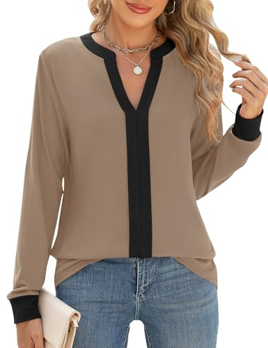 IECCP Damen Bluse Oberteile Elegant Langarm Tuniken Einfarbig Langarmshirt Lässige Festliche Hemdbluse Kleidung Schwarz_Khaki XXL