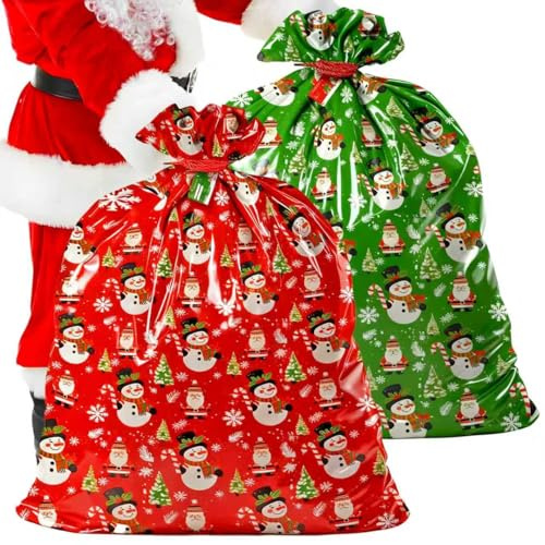 Chuanhylis 2 Stück Weihnachtsmann Sack, Weihnachtssack Groß 91cm x 142cm, Geschenkbeutel Weihnachten mit Namenskarte & Kordelzug für Xmas Party, Süßigkeiten Geschenk (Rot/Grün)