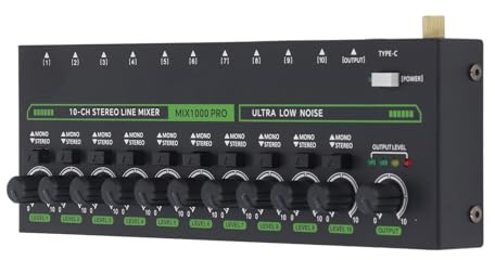FLEXMAN Mixer a 10 Canali, Piccolo Mini Mixer Audio con Luce RGB, Commutazione Stereo Mono a Basso Rumore, Linea 1/4 TRS TS per Studio di Registrazione Sul Palco