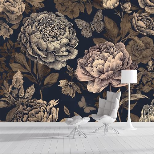Murales de Pared Rosas Y Mariposas Papel Tapiz Flores Retro Papel Pintado de Seda Marrón Fotomural Murales de Decorativos para Dormitorio, Salón, Oficina, Hotel 250x175cm