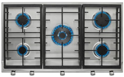 EX 90.1 5G AI AL DR CI Gas Hob, 90cm Stainless Steel, 5 Burner with Central Wok Burner, Cast Iron Pan Supports, Auto-Ignition, Safety Valves, Easy Clean, Built-In Kitchen Hob