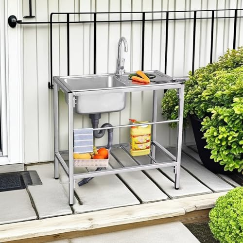 Lavandino da Esterno, Inossidabile con il Rubinetto Girevole 360°,con piattaforma di lavoro, grande capacità di stoccaggio,per Cucina,Ristorante,Caffè,Gara.(Single layer/75 * 40 * 75cm)