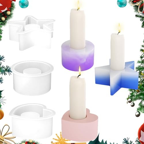 3 Stück Silikonform Kerzenhalter, Gießform Kerzenhalter, DIY Stabkerzenhalter Kerzenformen für Rund, Sern, Herz, DIY Kerzenständer Heimdekoration für Stabkerzen und Teelichter
