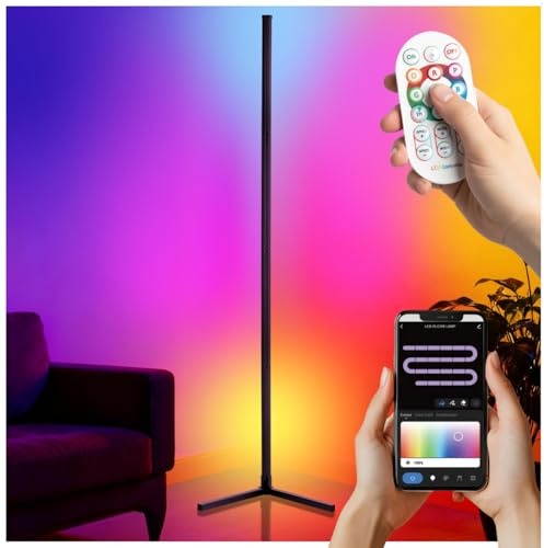 tectake® LED Stehlampe dimmbar, 145cm, 16 Millionen Farben, über 200 Lichteffekte, mit Musikmodus und Timer, Stehlampe Wohnzimmer, mit Fernbedienung, App oder Sprache, höhenverstellbar - 1 Stück
