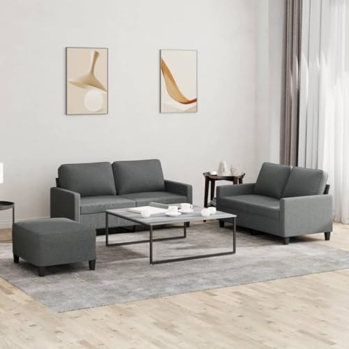 RMIHSJG 3-TLG. Sofagarnitur mit Kissen Dunkelgrau Stoff, 3-teiliges Sofa Set mit Hocker, strapazierfähiger Bezug, Robustes Gestell, Bequeme Polsterung, atmungsaktiv, langlebig,
