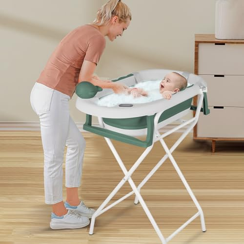 Baby Badewanne mit Gestell, Faltbare Babywanne mit Thermometer, Badekissen und mit Badekappe, Ablaufsystem (Grün, 55x40x91 cm)