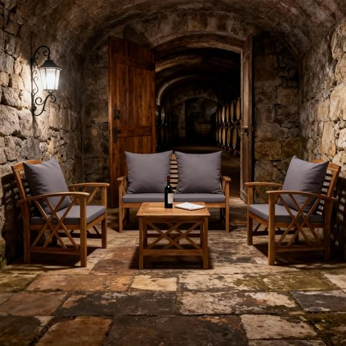 Woonisher Gartenmöbel Sale Set 4-TLG. Garten-Lounge-Set Mit Auflagen Aus Massivholz Akazie, Terrassenmöbel Außen Mit Vintage-Look, Bierzeltgarnitur Mit Lehne