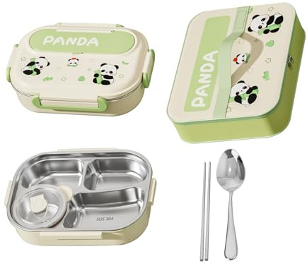 Generisch Set pranzo al sacco, contenitore per alimenti, contenitore in acciaio, set di animali cartoni animati, divisori integrati, per ufficio, scuola, ragazze, uomini, donne, campeggio, viaggi