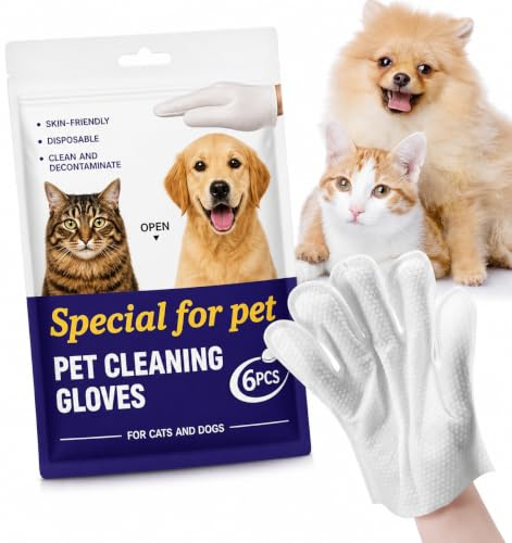TruSky Pro Pet Glove Wipes for Dog, Wash Free, Thickened, 6 Pcs Disposable Pet Cleaning Grooming Gloves for Daily Care and Traveling, Easy Use on Fur Face, Body, Ear, Eye, Paws and Bum