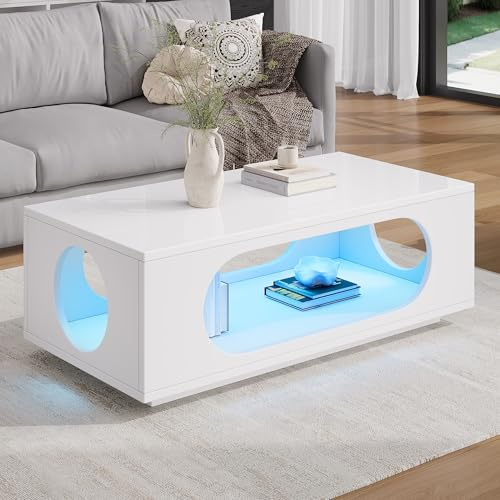 Merax Couchtisch in Hochglanz Weiß, Moderne Wohnzimmertisch mit LED, Sofatisch Kaffeetisch mit Stauraum, Durchbrochenes Design, Rechteckiger Beistelltische Mitteltisch für Wohnzimmer, 100x50x35cm