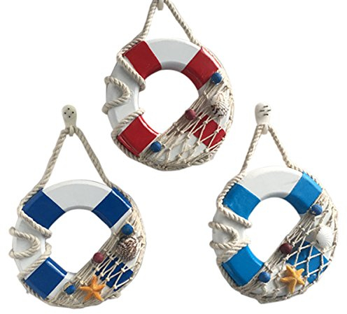 3 StüCk Mediterraner Stil Mini Rettungsring Deko Aus Holz FüR Wand- Und TüRdekoration - HäNgedeko in Rot, Dunkelblau Und Hellblau (13 X 13 cm)