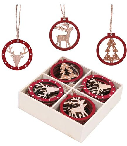 Valery Madelyn 24pcs Traditional Red and White Christmas Tree Decorations, Wooden Christmas Hanging Pendants, Xmas Ornaments with Reindeer, Patterns for Gift Tag, 2.4inch/6cm
