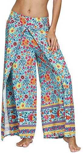 Nuofengkudu Hippie, långa byxor med slits, lösa vida ben, yogabyxor, sommarbyxor, Grön blommig, XL
