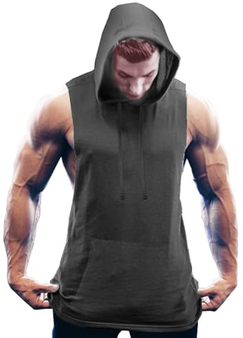 COOFANDY Men's Workout Hooded Tank Tops Bodybuilding Muscle Cut Off T Shirt Sleeveless Gym Hoodies Dark Grey