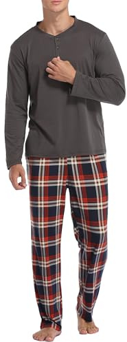 Vlazom Pijama Hombre Invierno Algodon Pijamas Largo Hombre,XXL,B-Top Gris+Pantalón Azul